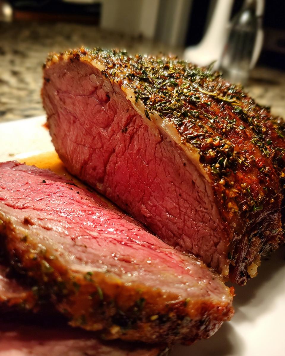 Close-up of a medium-rare rib roast, sliced to show the juicy pink center and herb crust.