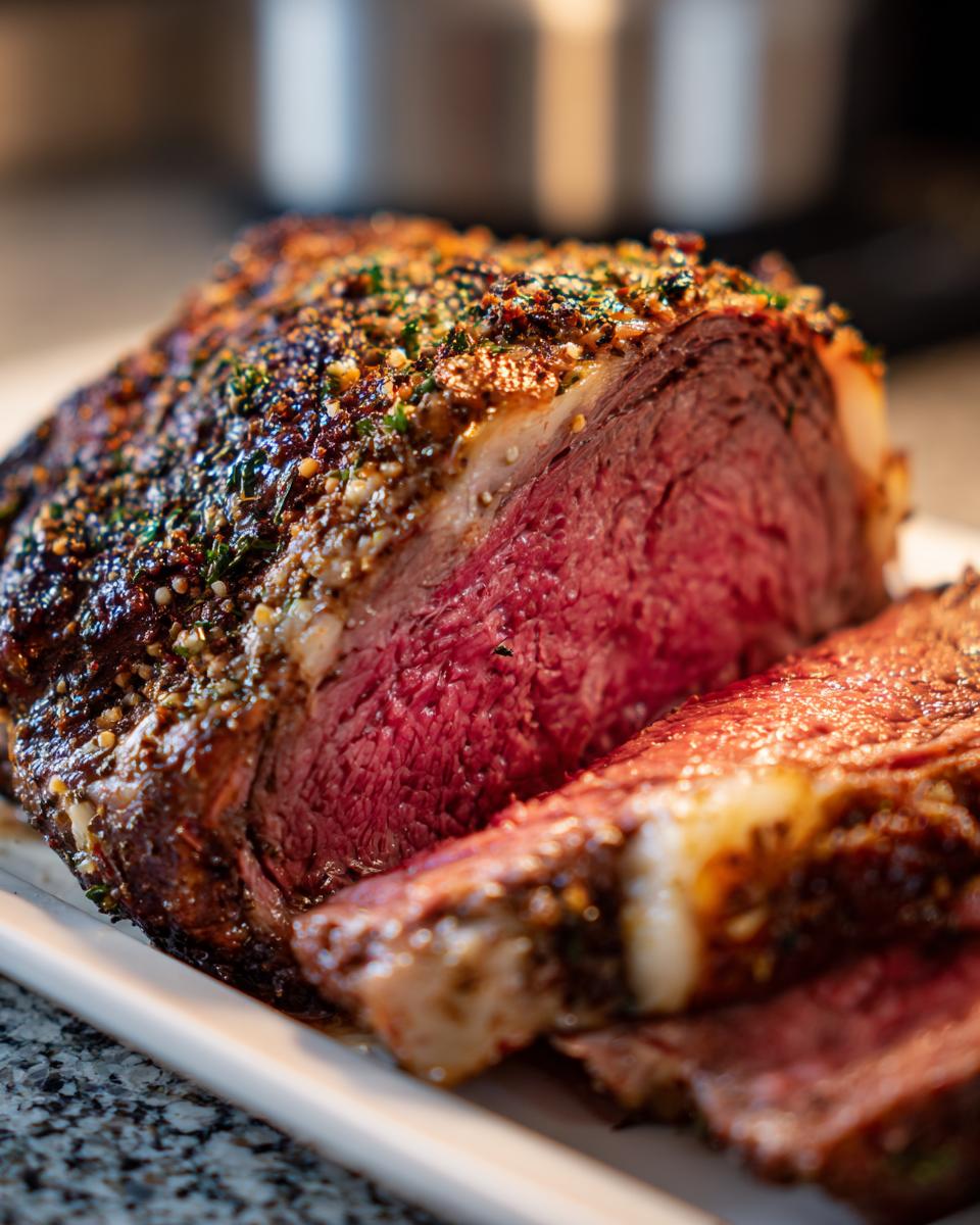 Close-up of a juicy, medium-rare rib roast sliced, showing a thick, seasoned herb crust.