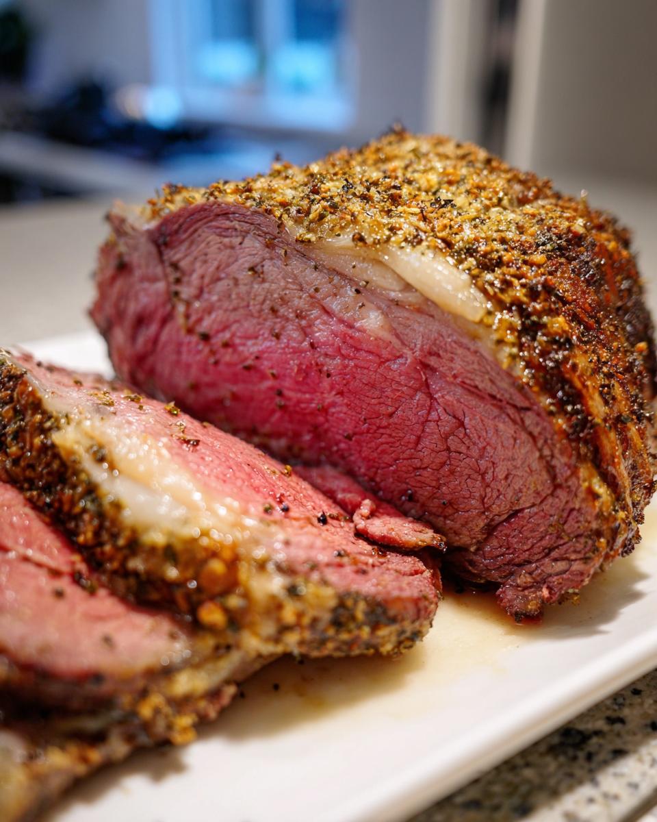 Close-up of a perfectly cooked, medium-rare rib roast with a thick, seasoned crust, partially sliced.