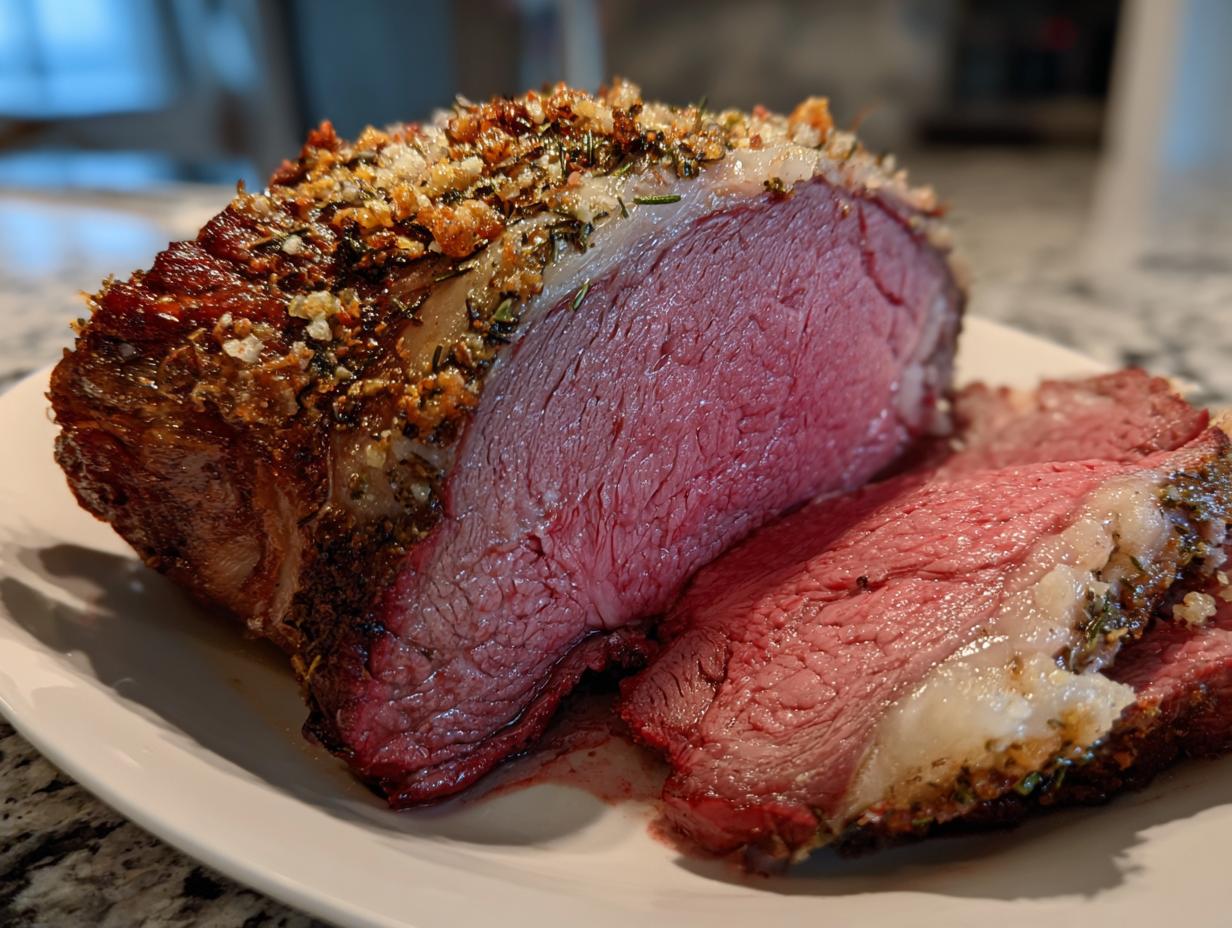 Close-up of a perfectly cooked, medium-rare rib roast sliced open, showing a vibrant pink center and herb crust.