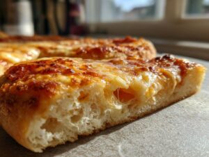Close-up showing the fluffy interior and melted, browned cheese topping of the keto pizza crust.