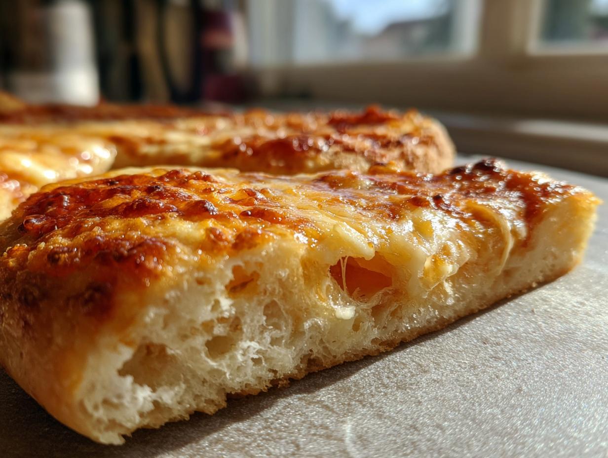 Close-up showing the fluffy interior and melted, browned cheese topping of the keto pizza crust.