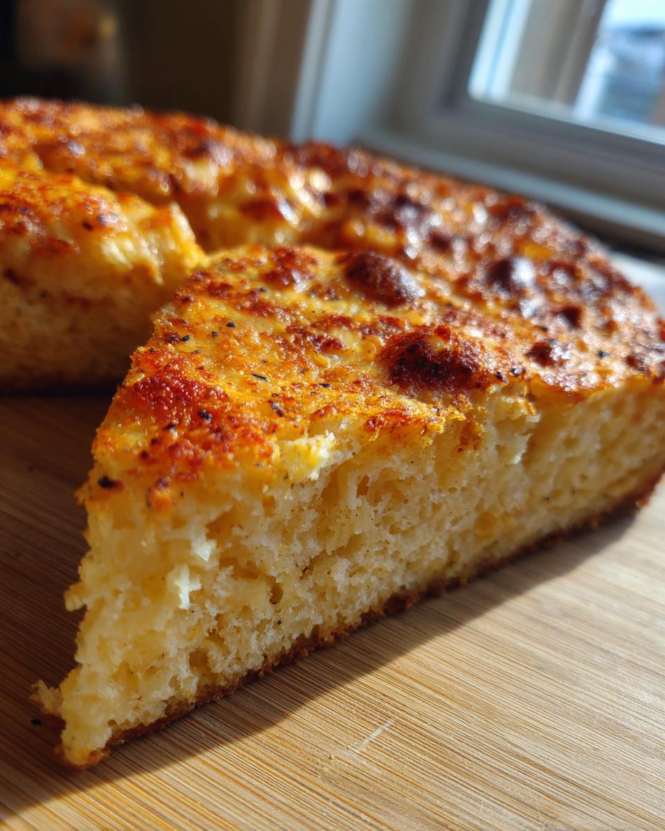 A thick, golden-brown slice of keto pizza crust showing its fluffy interior texture.