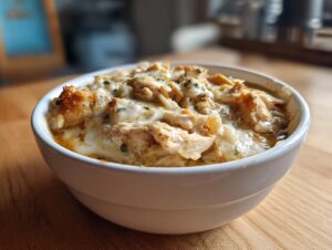 A close-up of creamy, cheesy keto white chicken chili topped with melted cheese and herbs in a white bowl.