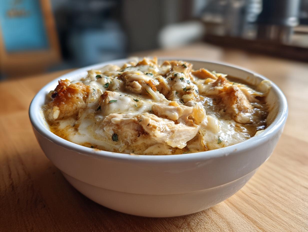 A close-up of creamy, cheesy keto white chicken chili topped with melted cheese and herbs in a white bowl.
