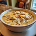 A close-up of a hearty bowl of creamy keto white chicken chili topped with melted cheese and herbs.