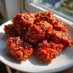 Close-up of glossy, red-glazed Korean fried chicken pieces sprinkled with sesame seeds on a white plate.