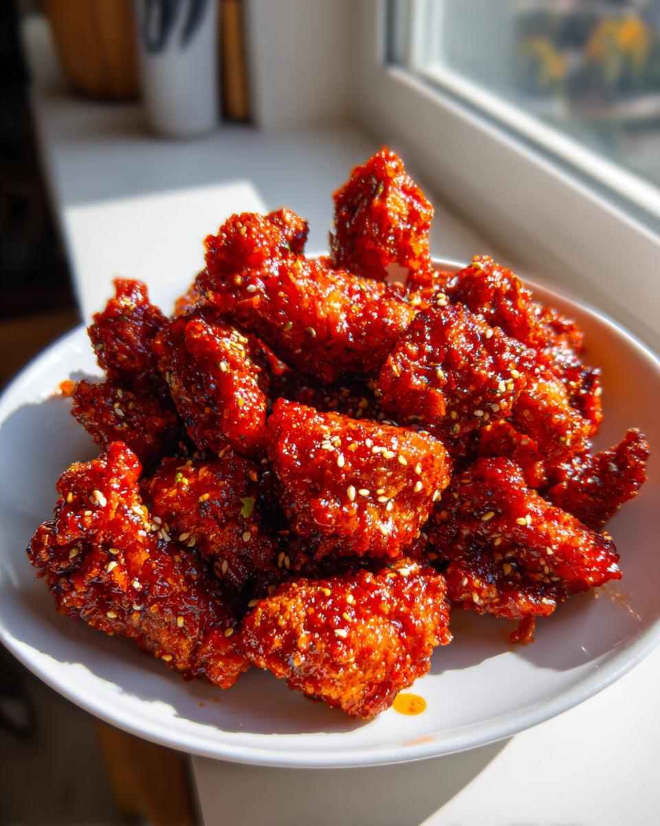 Close-up of crispy Korean fried chicken recipe pieces coated in a glossy, spicy red sauce and sprinkled with sesame seeds.