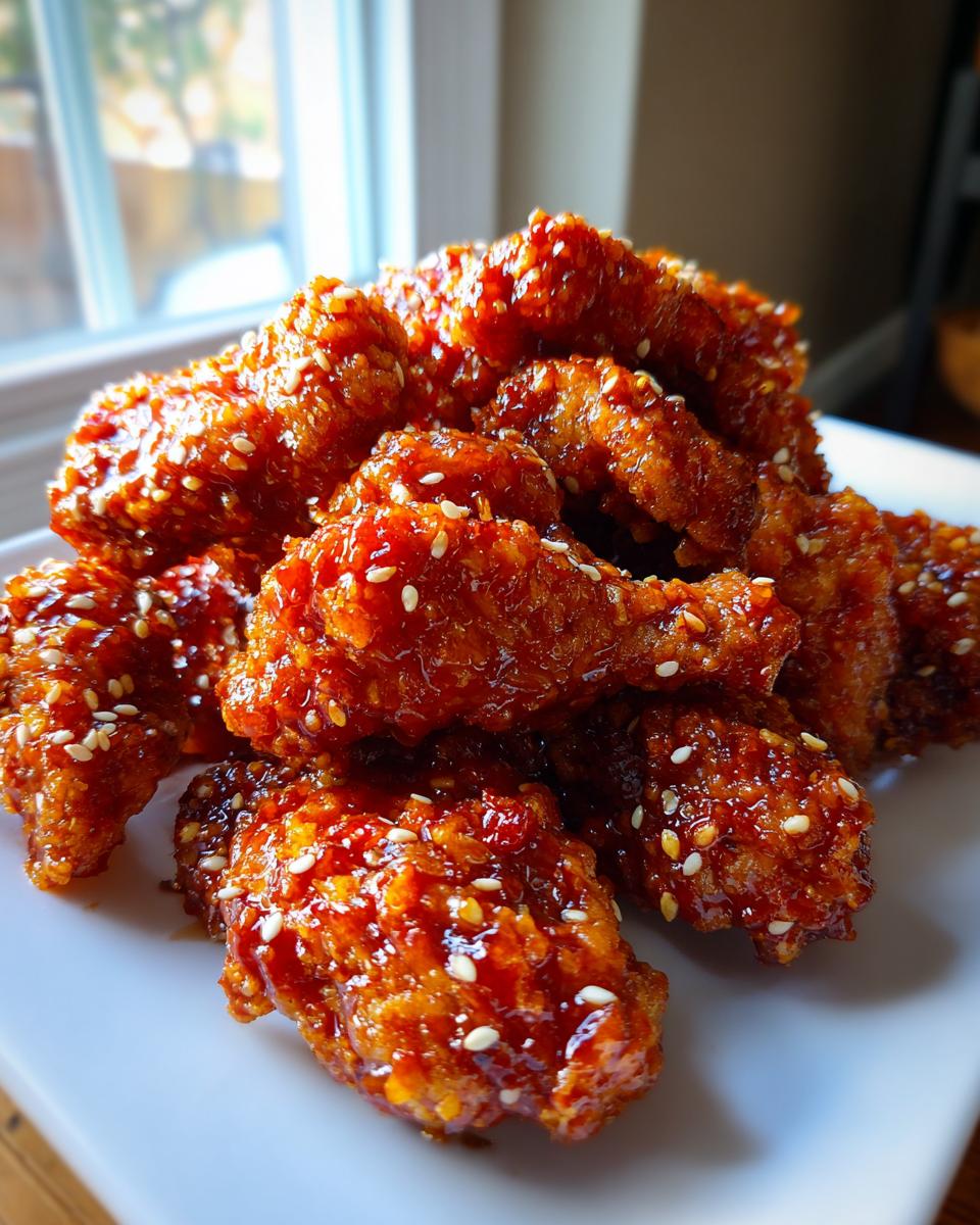 A pile of glossy, saucy Korean fried chicken pieces sprinkled with white sesame seeds, ready to eat.
