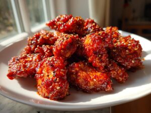 A plate piled high with crispy Korean fried chicken recipe pieces coated in a shiny, deep red glaze and sprinkled with sesame seeds.