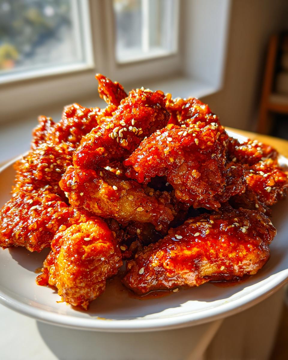 A close-up of a mound of crispy Korean fried chicken coated in a glossy, spicy red sauce and sprinkled with sesame seeds.