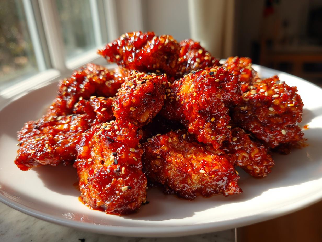 A plate piled high with crispy Korean fried chicken recipe pieces coated in a shiny, deep red glaze and sprinkled with sesame seeds.