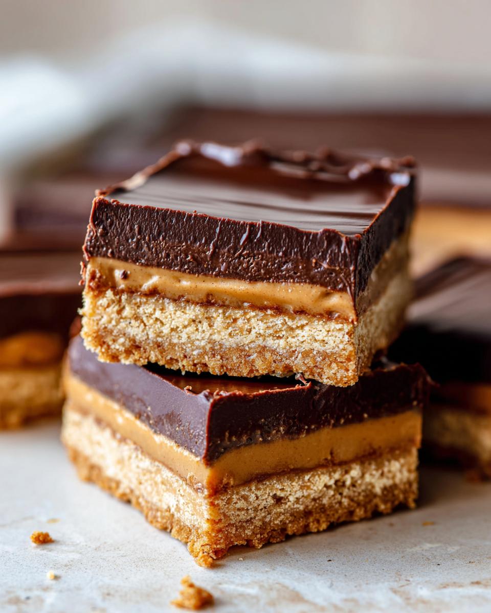 Two stacked squares of rich buckeye graham crackers bars featuring a crust, peanut butter layer, and chocolate topping.