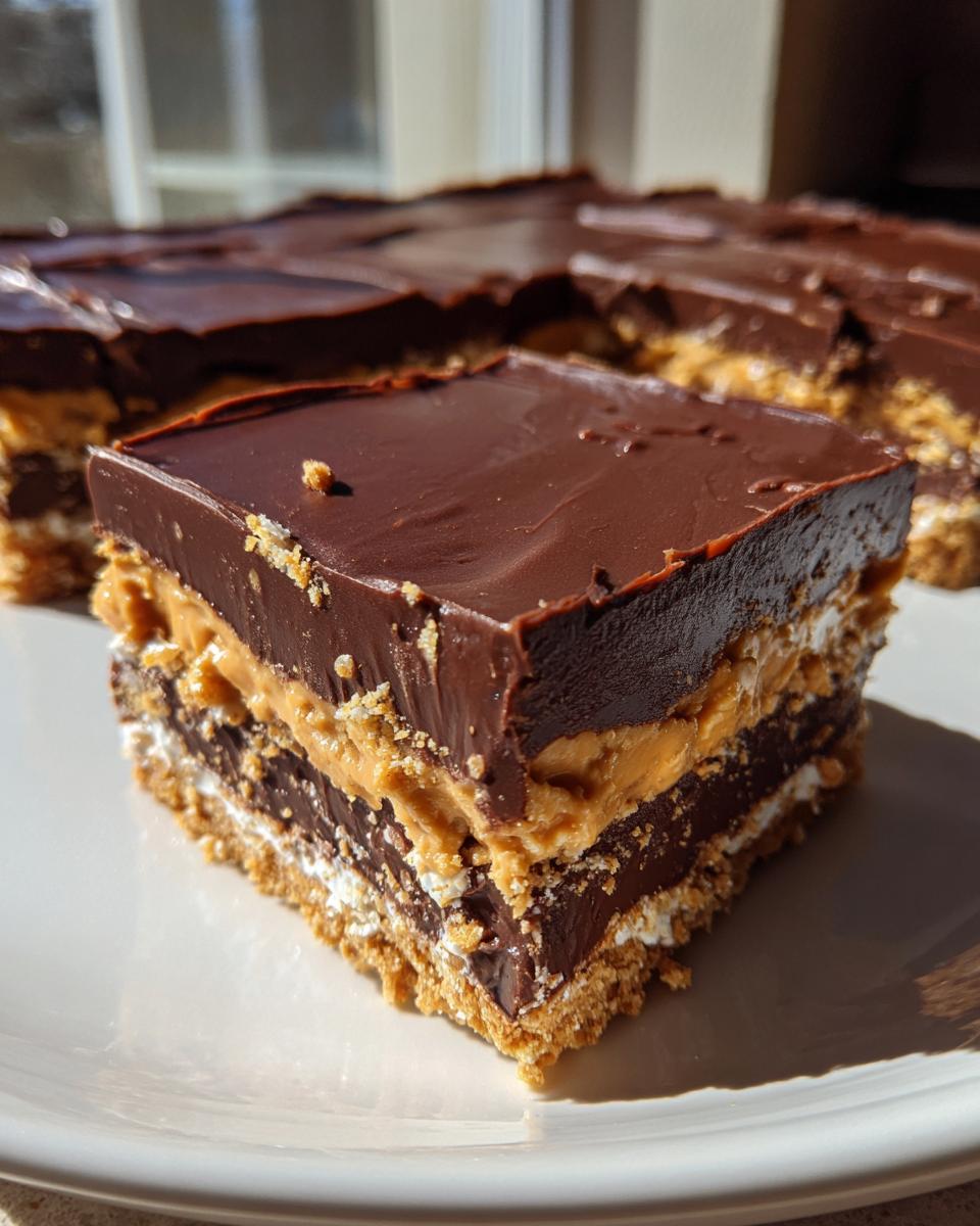 Close-up of a rich, layered dessert square featuring a graham cracker crust, peanut butter, chocolate, and a thick chocolate topping, resembling buckeye graham crackers.