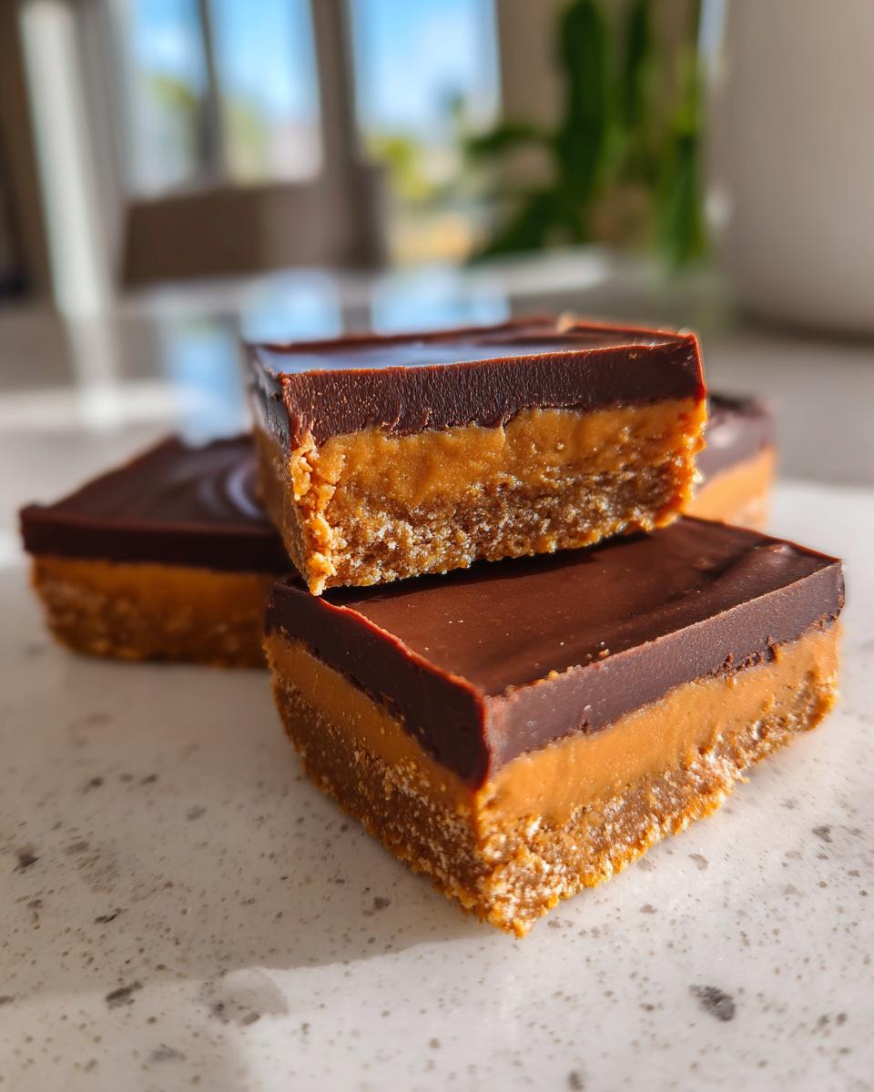 Three layered dessert bars resembling buckeye graham crackers with a crumbly base, peanut butter layer, and chocolate top.