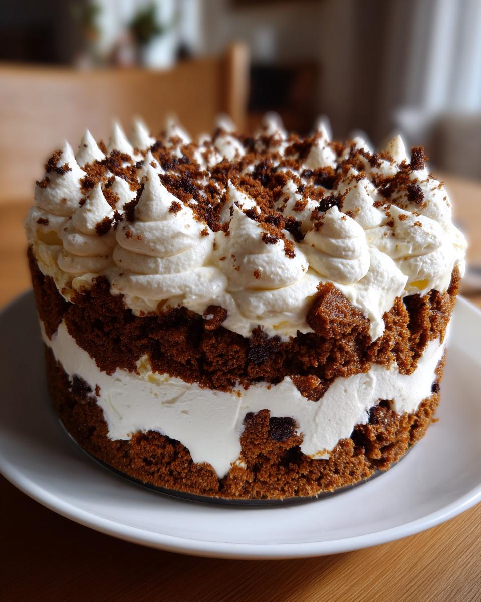A close-up of a layered gingerbread trifle featuring dark cake pieces and thick white cream, topped with piped cream swirls and crumbs.