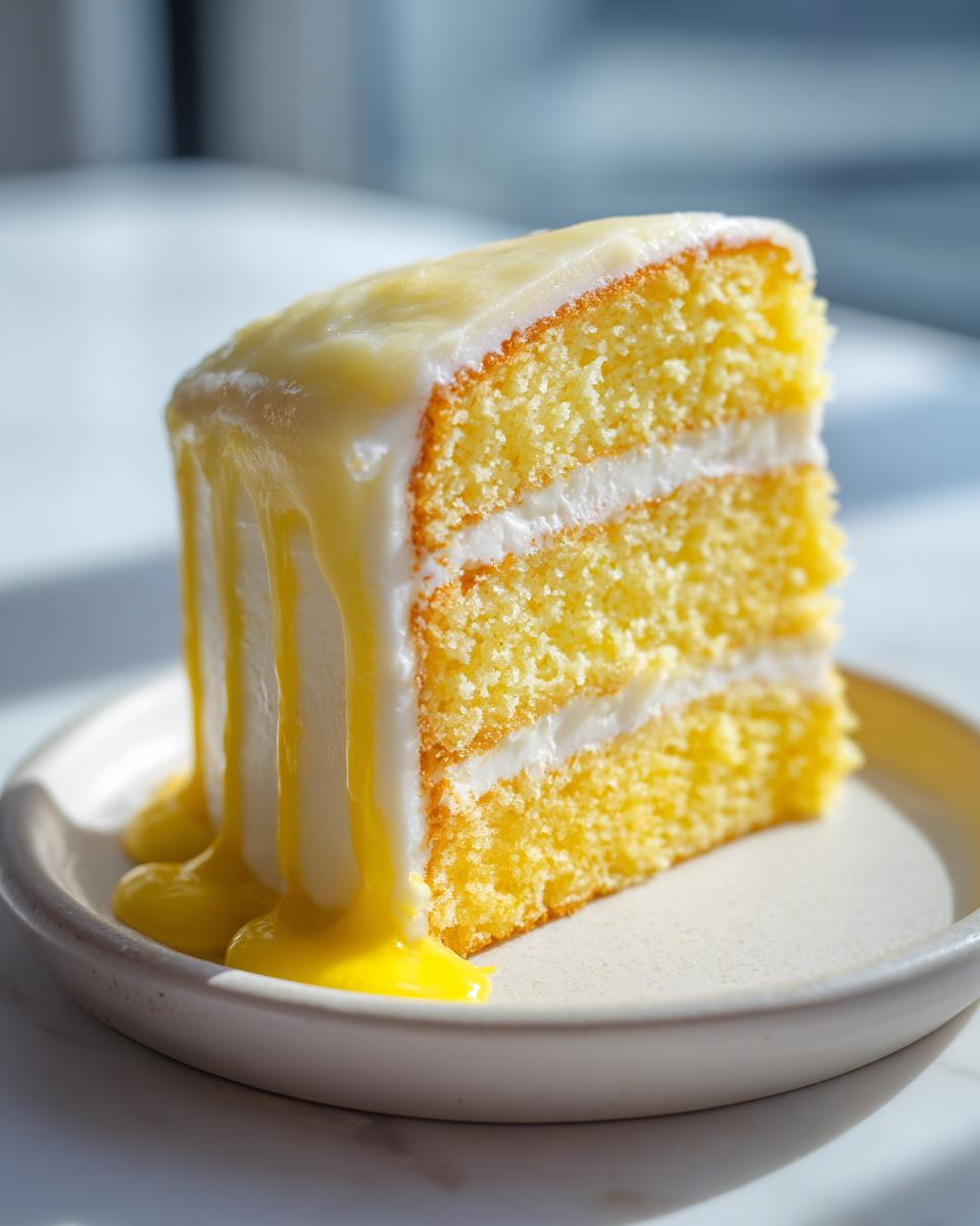 A decadent slice of layered lemon cake recipe covered in white frosting and dripping with bright yellow lemon glaze.