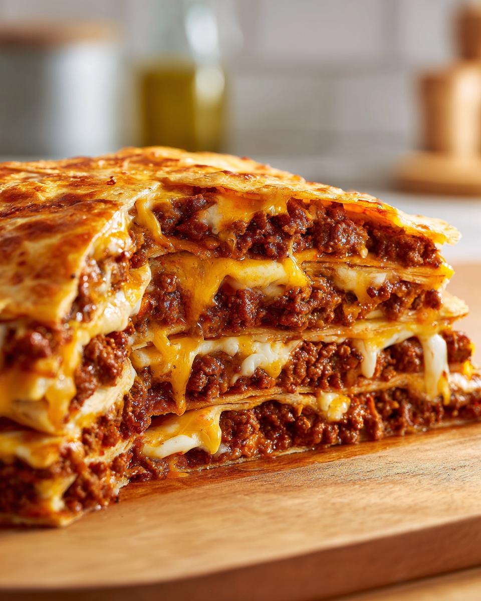 A thick, layered slice of mexican pizza showing seasoned ground beef and melted cheese oozing out between crispy tortillas.