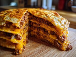 A thick, layered slice of homemade mexican pizza showing browned tortillas, seasoned ground beef, and melted cheese.