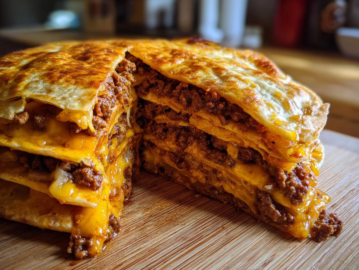 A thick, layered slice of homemade mexican pizza showing browned tortillas, seasoned ground beef, and melted cheese.