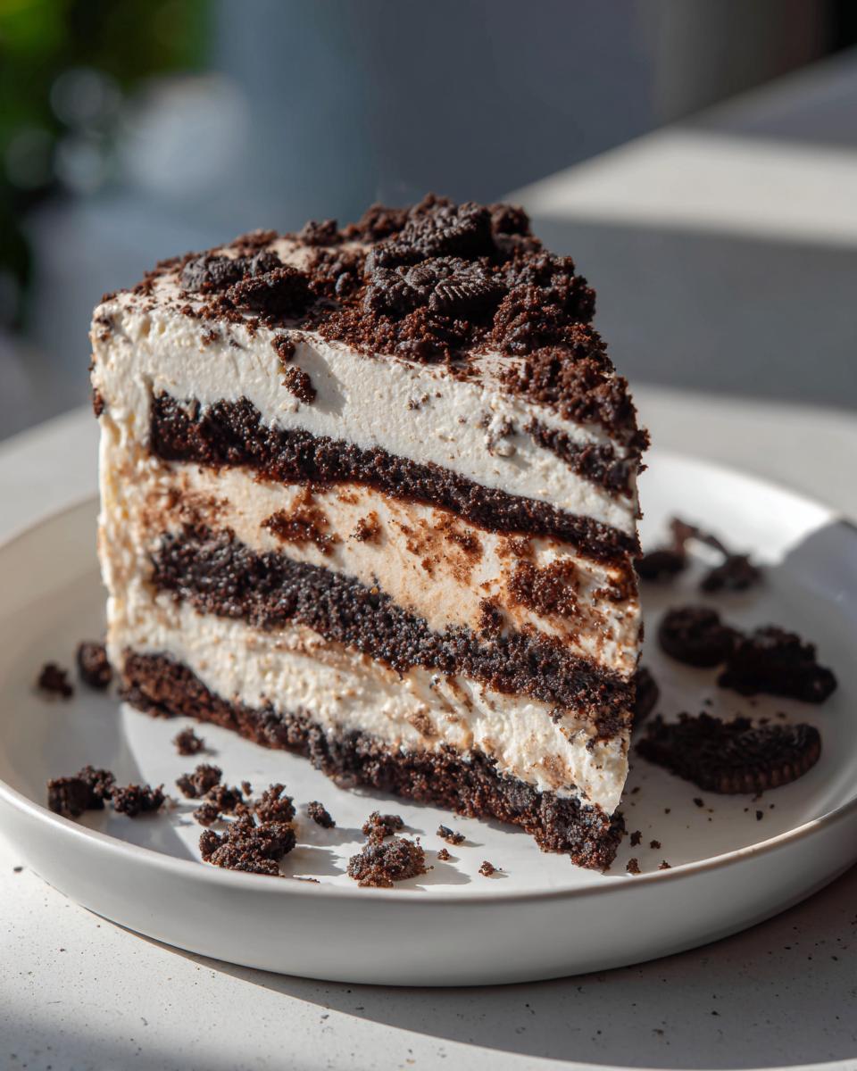 A tall, layered slice of Oreo dirt cake featuring alternating layers of cream and dark chocolate cookie crumbs.