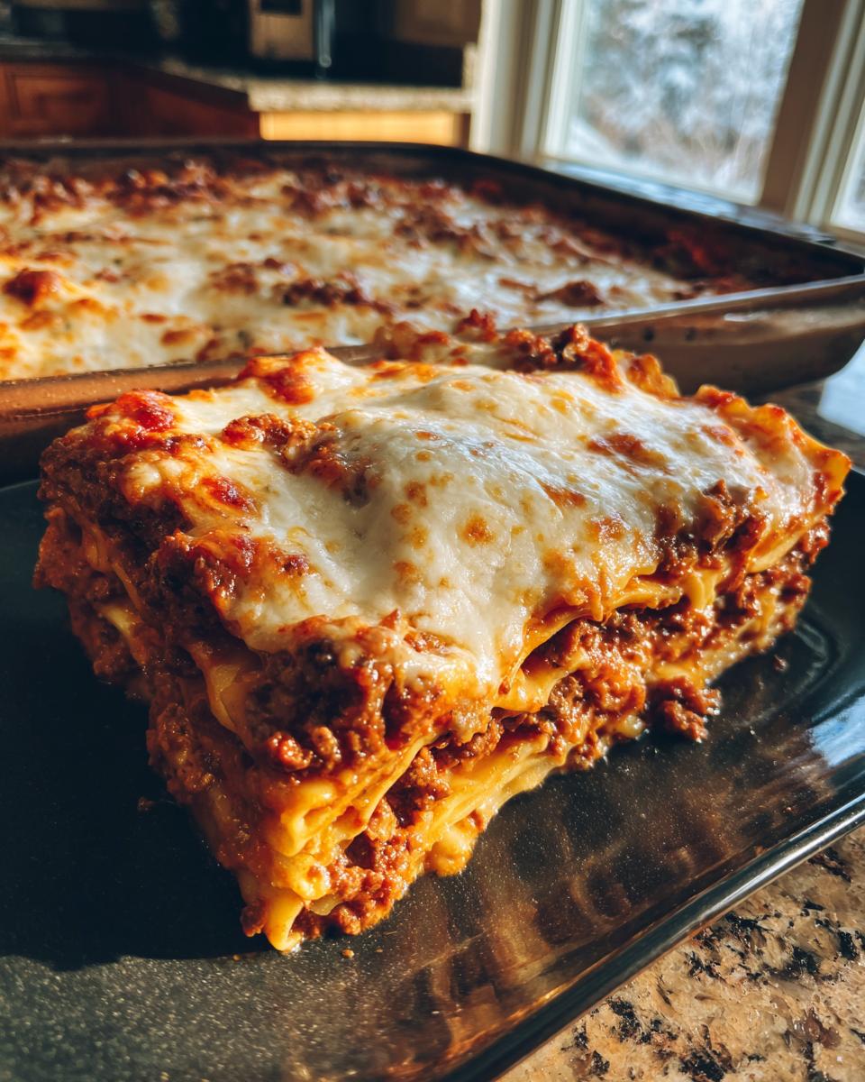 A thick slice of layered lazy lasagna with rich meat sauce and bubbly melted mozzarella cheese on a dark plate.