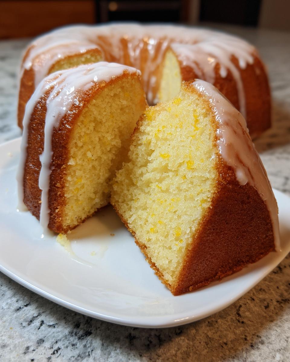 Two slices of moist lemon pound cake with a bright yellow crumb and white glaze drizzled on top, set against the rest of the bundt cake.