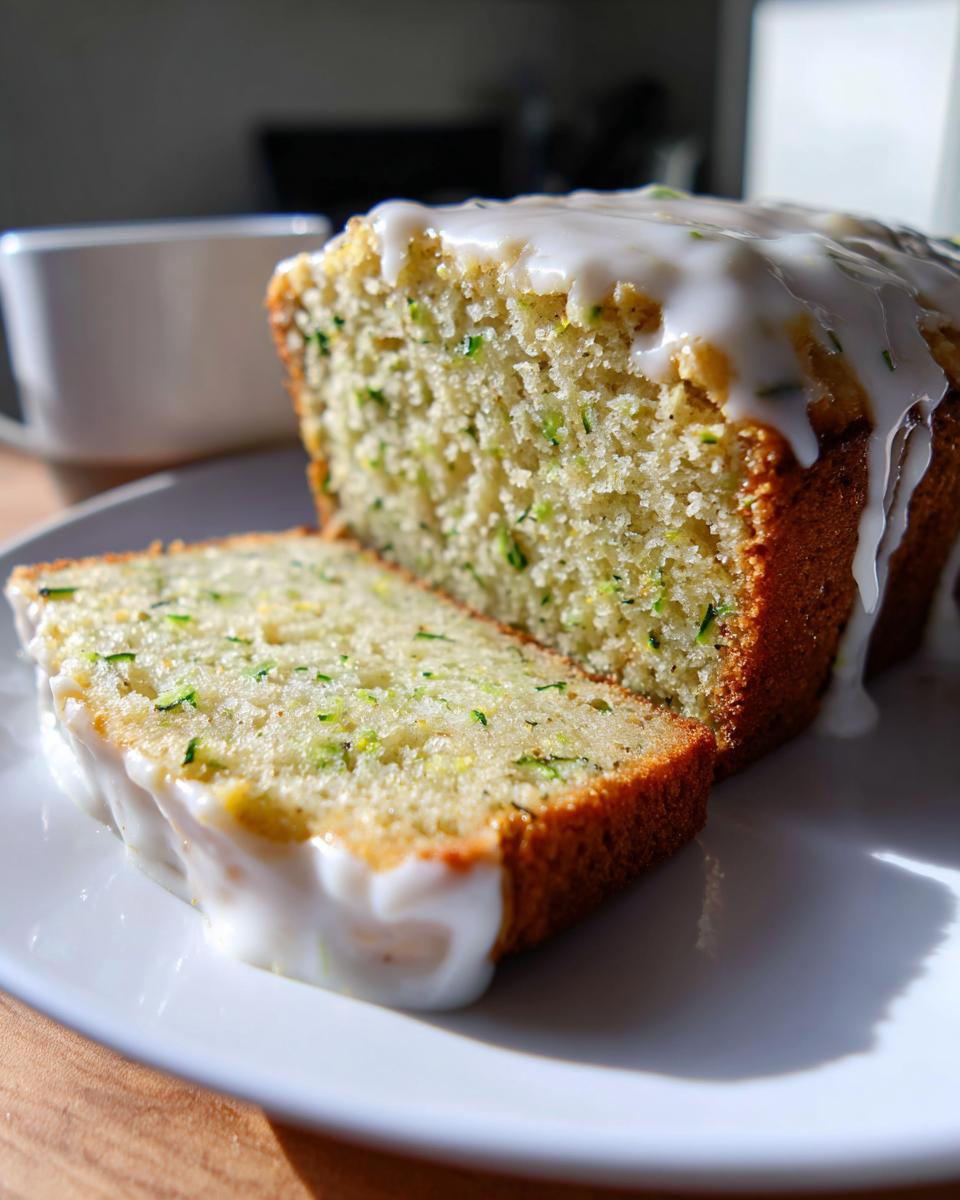 Close-up of sliced lemon zucchini bread topped with a thick white glaze, showing green zucchini flecks inside.