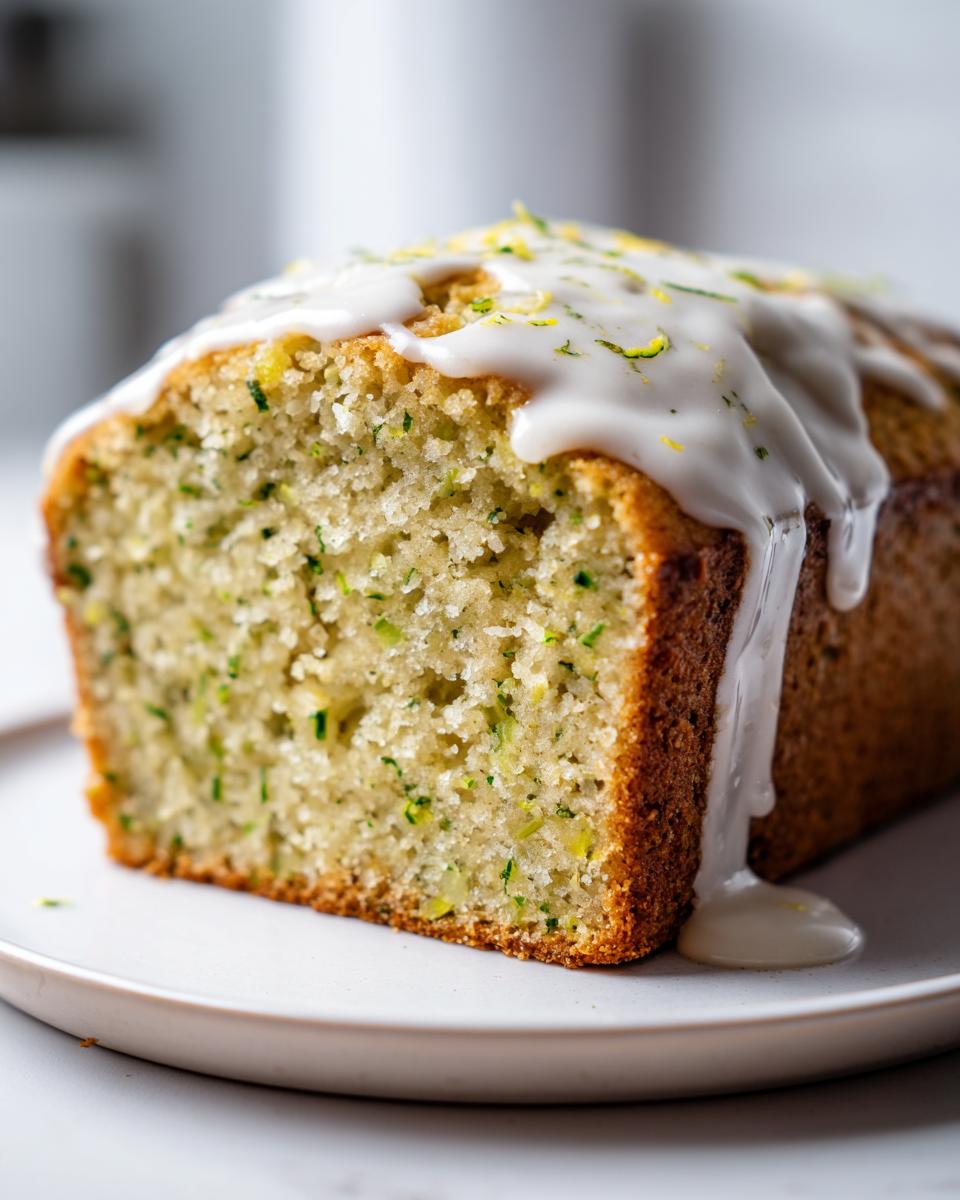 Close-up of a moist slice of lemon zucchini bread topped with white glaze and lemon zest.