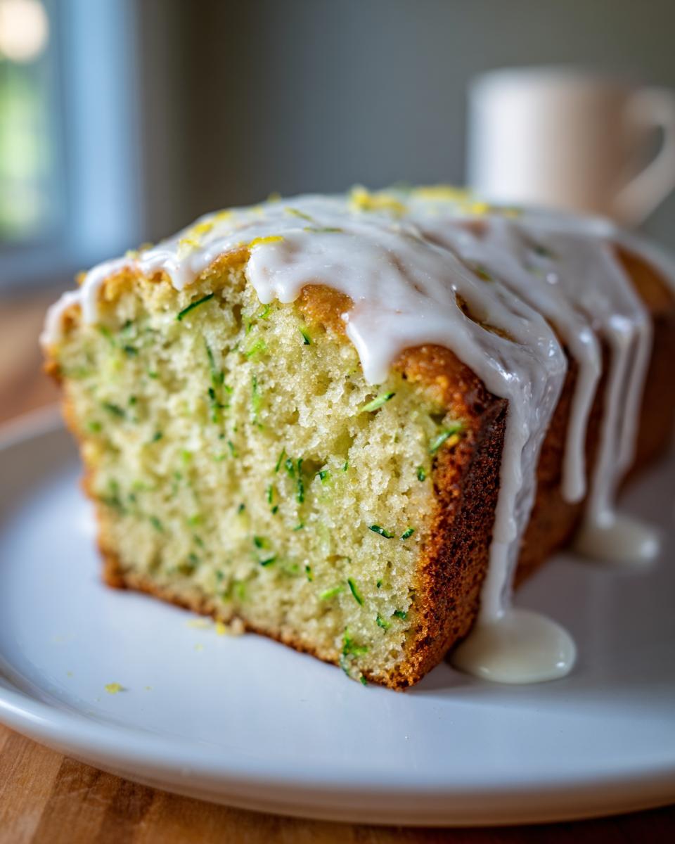 Close-up of a moist slice of lemon zucchini bread topped with thick white glaze and lemon zest.