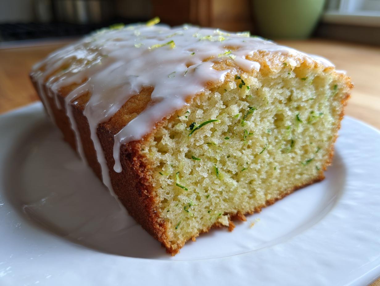 Close-up of a slice of moist lemon zucchini bread topped with white glaze and zest.
