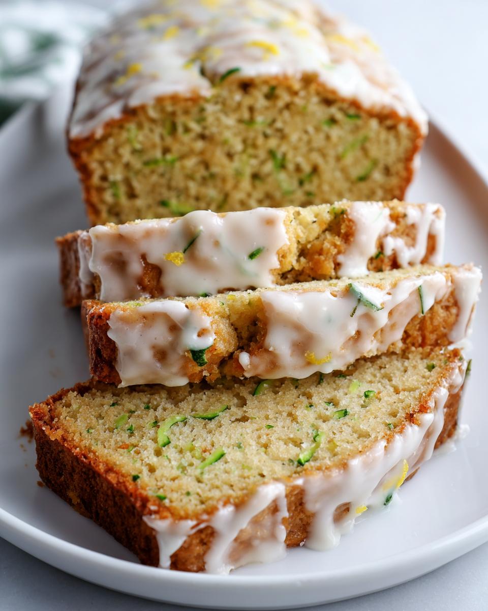 Three thick slices of moist lemon zucchini bread topped with a sweet white glaze, showing shredded zucchini inside.