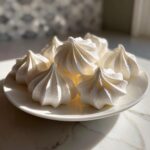 A close-up of several perfectly piped, white meringue cookies arranged on a small white plate.