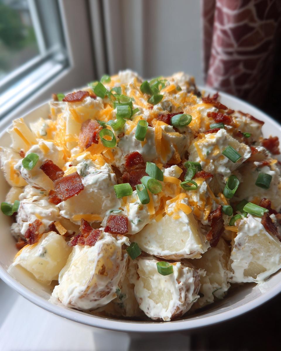 Close-up of loaded baked potato salad with creamy dressing, cheddar cheese, bacon bits, and green onions.