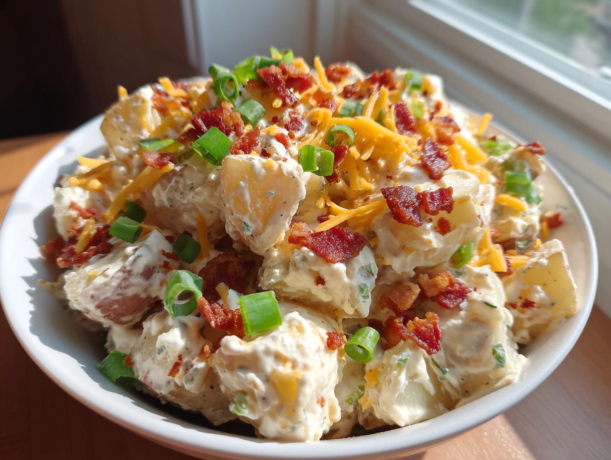 Close-up of a bowl of creamy baked potato salad topped with bacon bits, shredded cheddar cheese, and green onions.