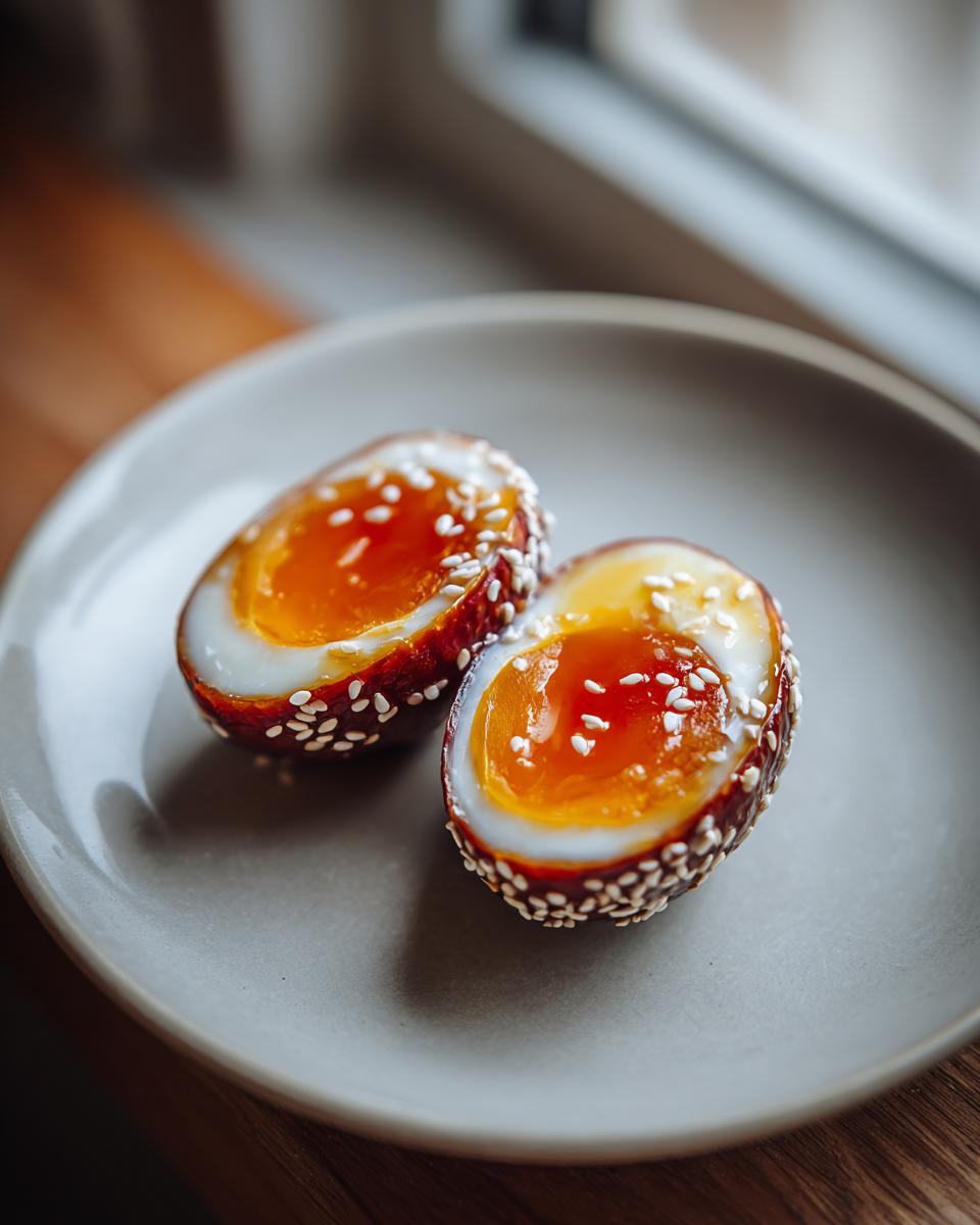 Two halves of a marinated eggs with jammy yolks, coated in sesame seeds, resting on a gray plate.