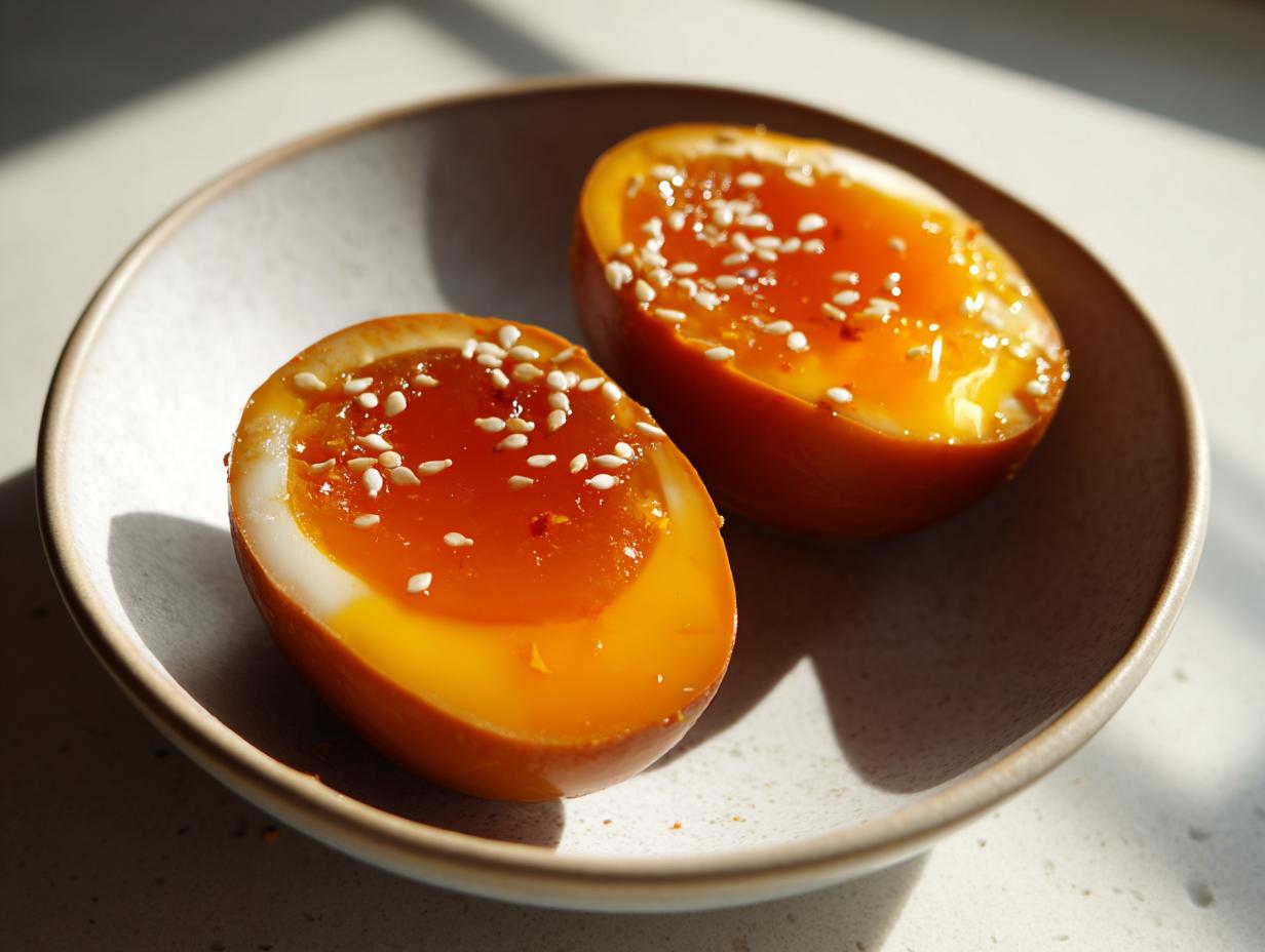 Two halves of bright orange marinated eggs with jammy yolks, topped with sesame seeds, served in a small bowl.