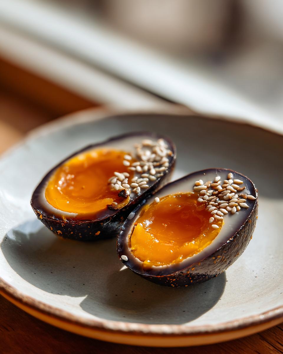 Two halves of a dark-shelled marinated eggs showing a jammy, bright orange yolk, topped with toasted sesame seeds.