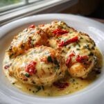Four pieces of golden chicken breast covered in a rich, creamy sauce with sun-dried tomatoes and herbs, representing Marry Me Chicken.