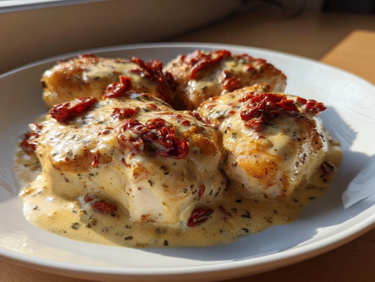Close-up of four pieces of seared Marry Me Chicken smothered in a creamy, herb-flecked sauce and topped with sun-dried tomatoes.