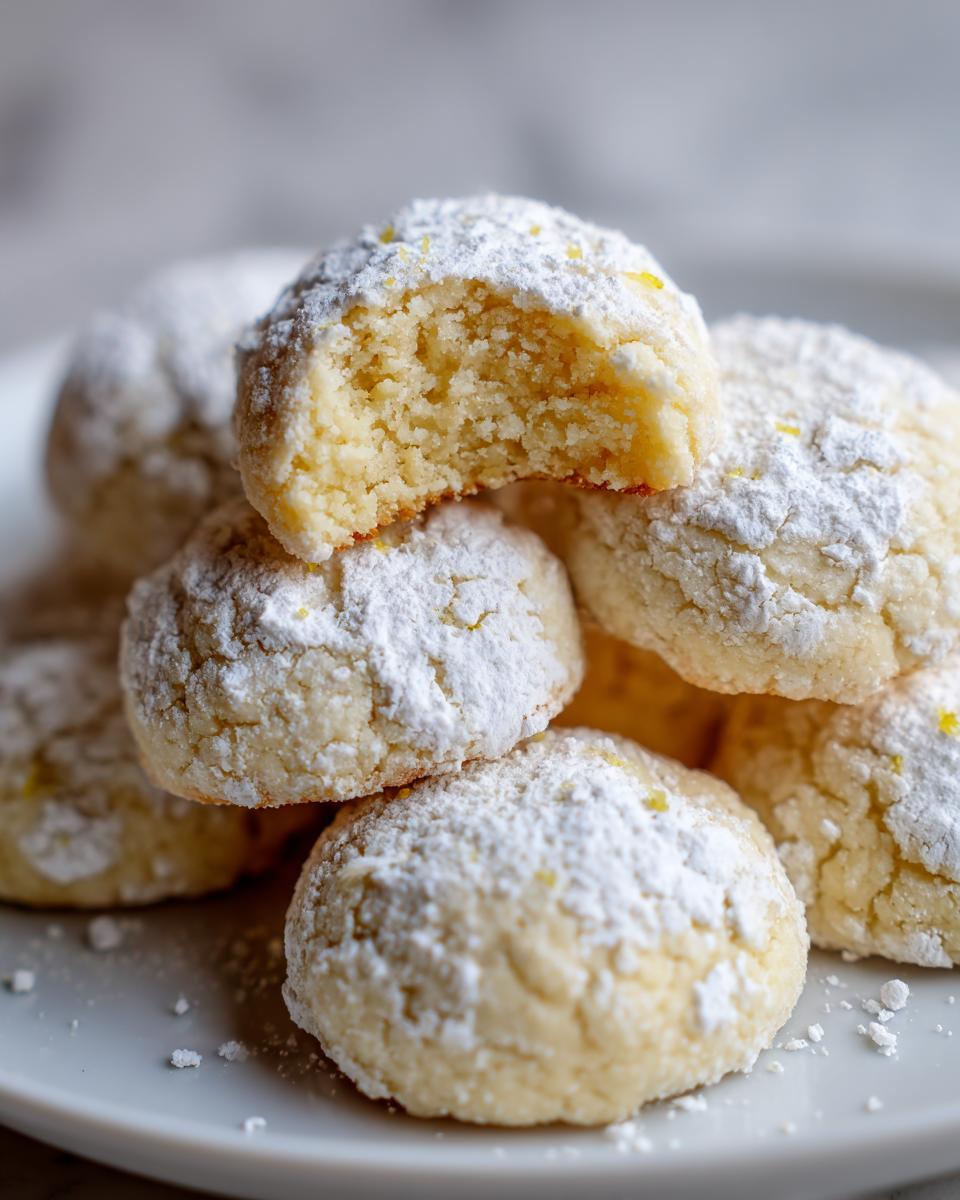 Close-up of soft, powdered sugar-dusted lemon cookies, one cookie is broken open showing the texture.