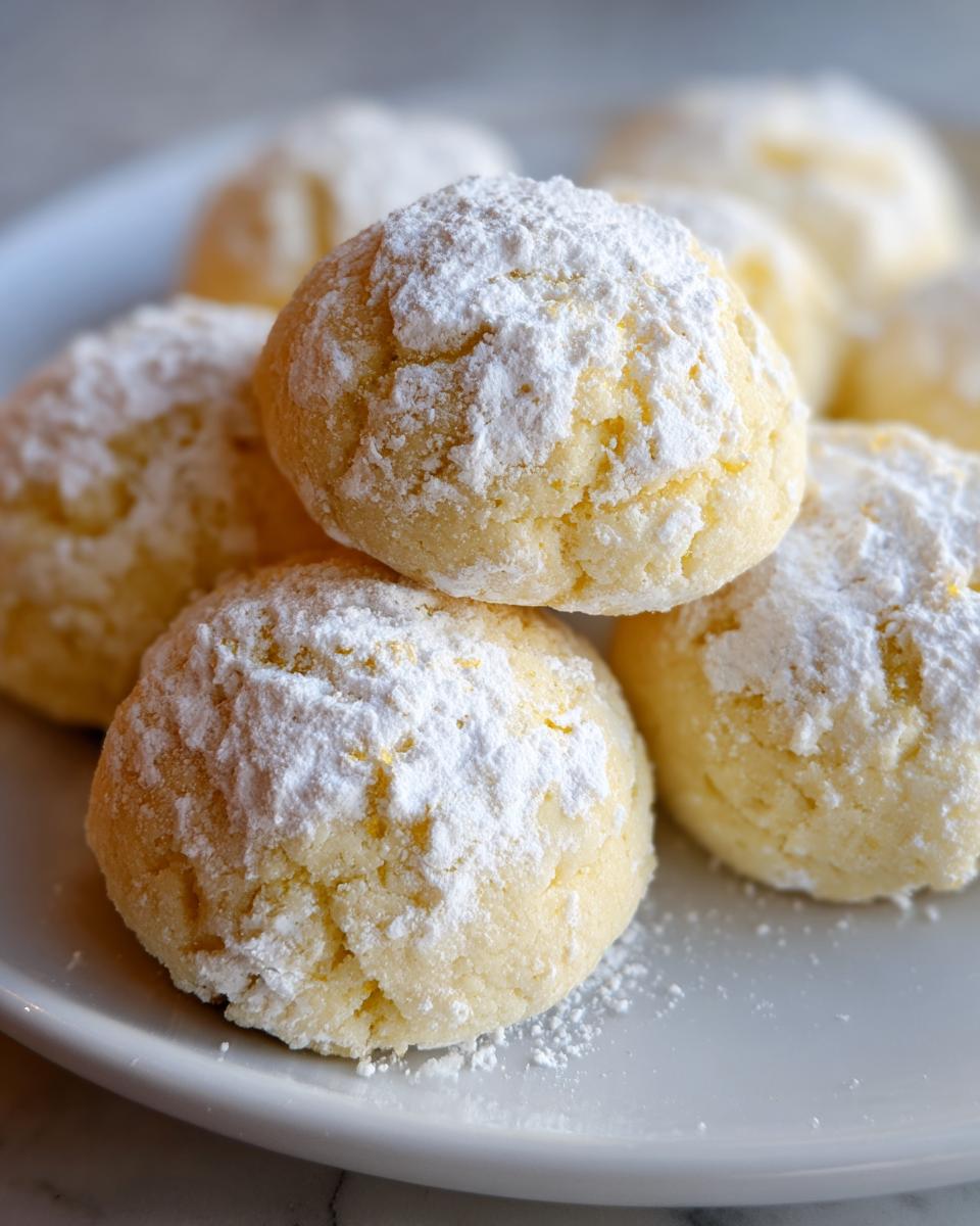 Close-up of soft, pale yellow lemon cookies heavily dusted with white powdered sugar on a white plate.