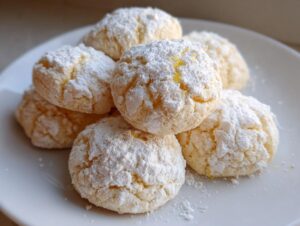 Close-up of soft, crinkle-top lemon cookies heavily dusted with powdered sugar on a white plate.