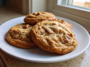 Close-up of four golden brown butter pecan cookies stacked slightly on a white plate near a window.