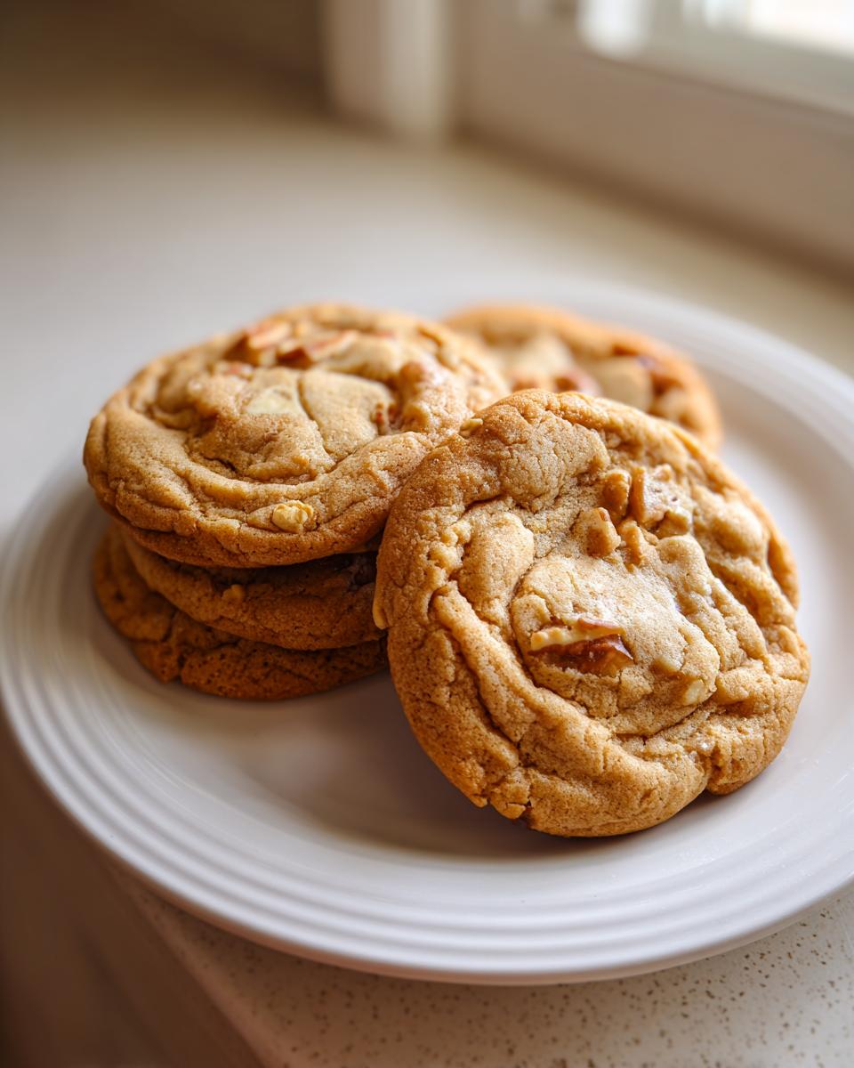 A stack of freshly baked, soft butter pecan cookies resting on a white plate near a window.