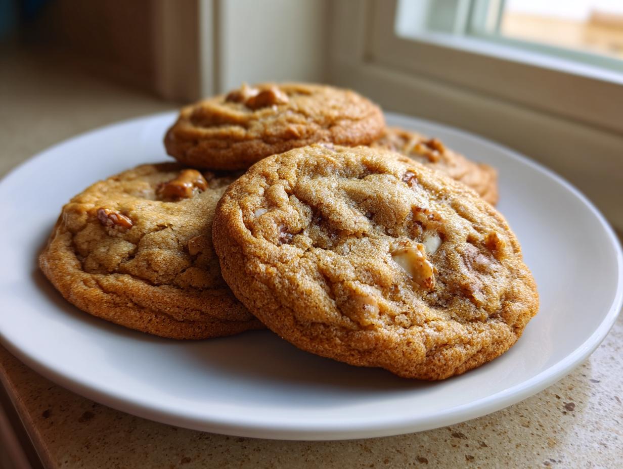 Close-up of four golden brown butter pecan cookies stacked slightly on a white plate near a window.