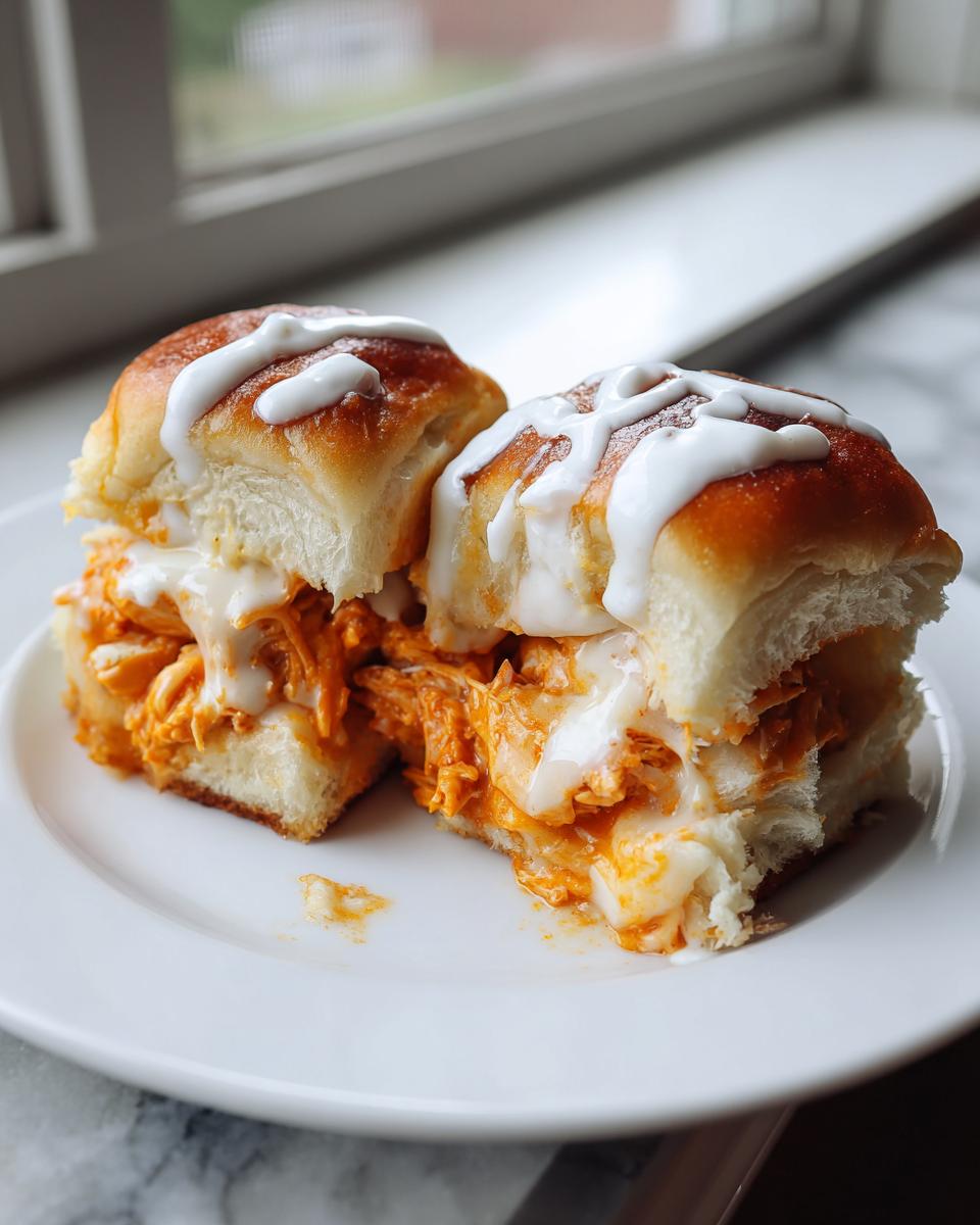 Close-up of two halves of buffalo chicken sliders oozing melted cheese and drizzled with ranch or blue cheese dressing.