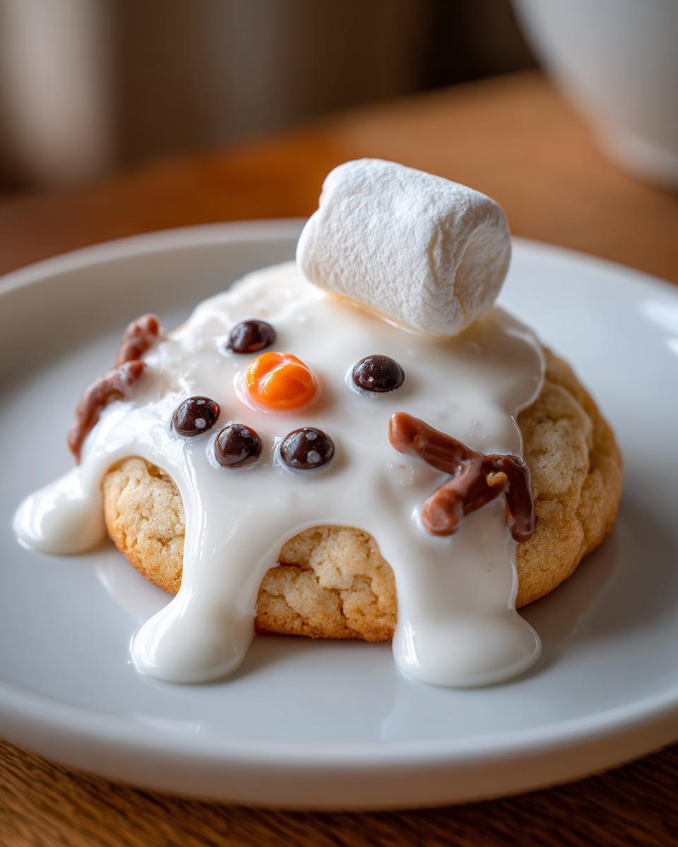 A single, delicious melted snowman cookie topped with dripping white icing, a marshmallow head, and candy decorations.