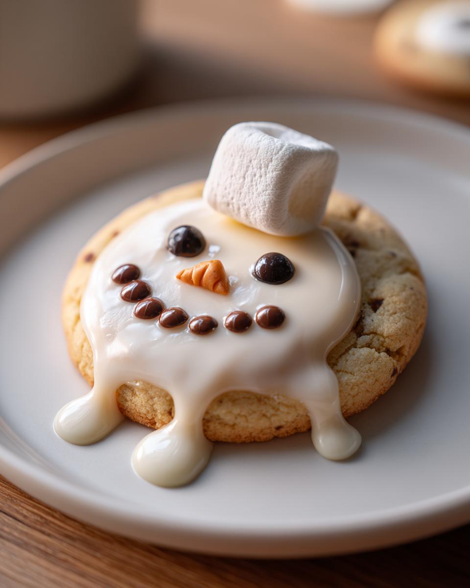 A close-up of a single melted snowman cookies on a white plate, featuring white icing drips, chocolate chip eyes, and a marshmallow hat.