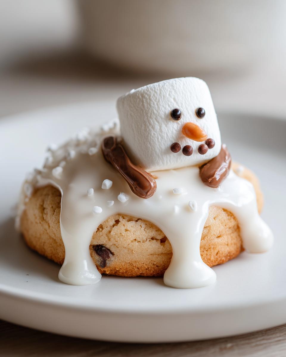 A single melted snowman cookie featuring a marshmallow head, chocolate features, and thick white icing dripping down the base.